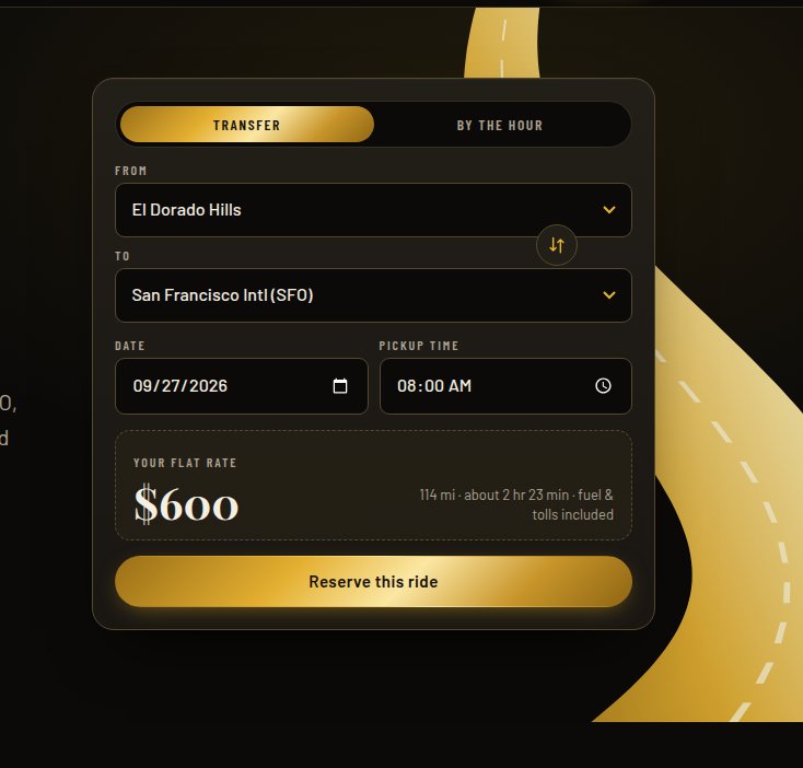 The booking card close up: Transfer selected, El Dorado Hills to San Francisco International, date and pickup time, a $600 flat rate with fuel and tolls included, and a Reserve this ride button.